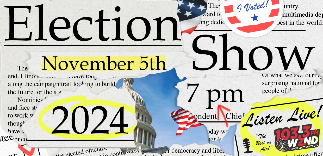 ballot box and statue of liberty ad flags and wrapped newspaper conjoined into one picture